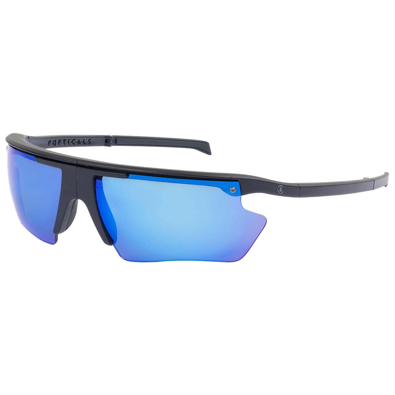 Popticals, Premium Compact Sunglasses, PopEdge, 010091-BMUN, Polarized Sunglasses, Matte Black Frame, Gray Lenses with Blue Mirror Finish, Glam View