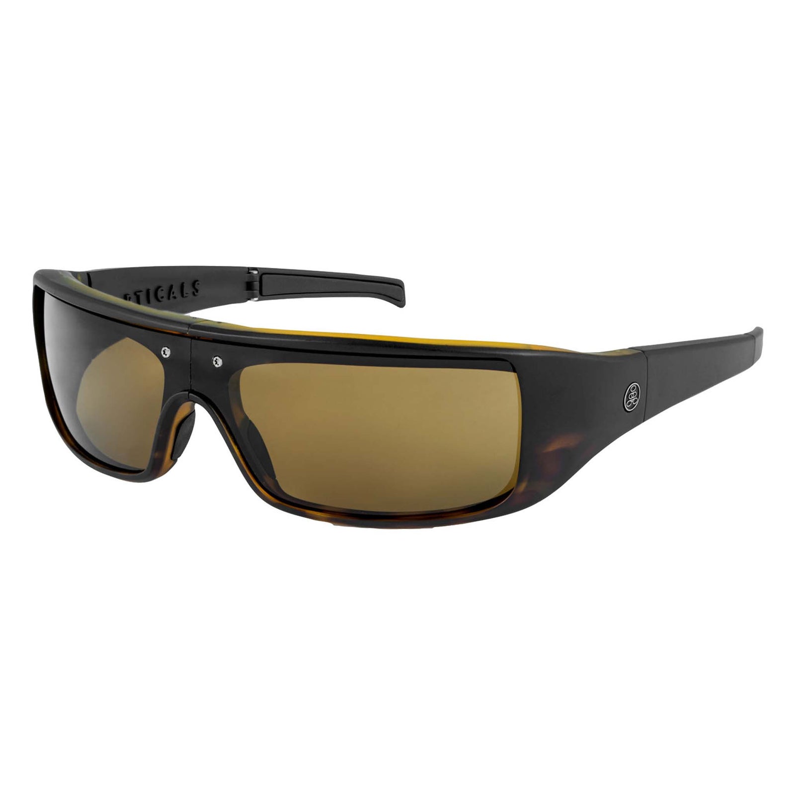 Close-up of POPGEAR sunglasses featuring non-polarized brown lenses and matte black frames