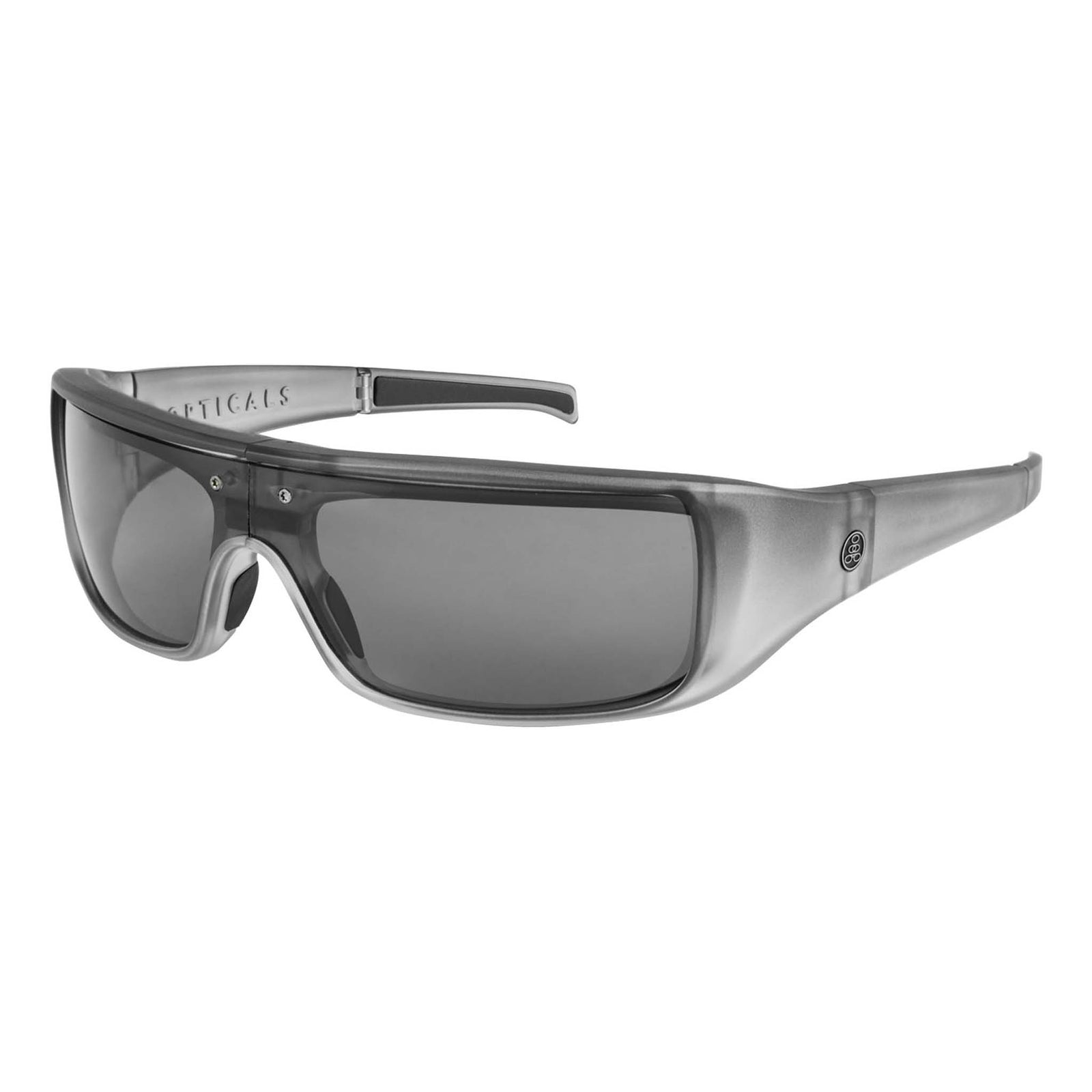 Close-up of matte smoke sunglasses with polarized gray lenses