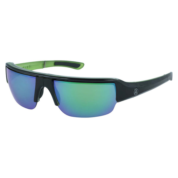 Popticals, Premium Compact Sunglasses, PopGun, 040010-GLEN, Polarized Sunglasses, Gloss Black over Green Crystal Frame, Gray Lenses w/Green Mirror Finish, Glam View