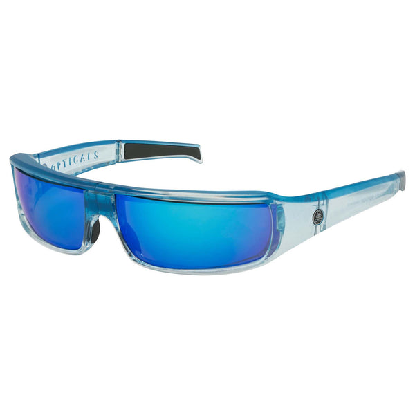 Popticals, Premium Compact Sunglasses, PopSign, 030020-BFUN, Polarized Sunglasses, Gloss Blue/Clear Crystal Frame, Gray Lenses w/Blue Mirror Finish, Glam View