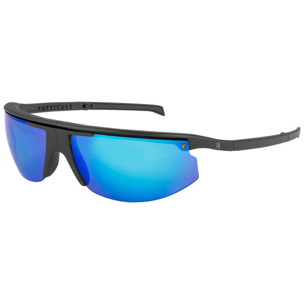 Popticals, Premium Compact Sunglasses, PopStar, 010040-BMUN, Polarized Sunglasses, Matte Black Frame, Gray Lenses w/Blue Mirror Finish, Glam View