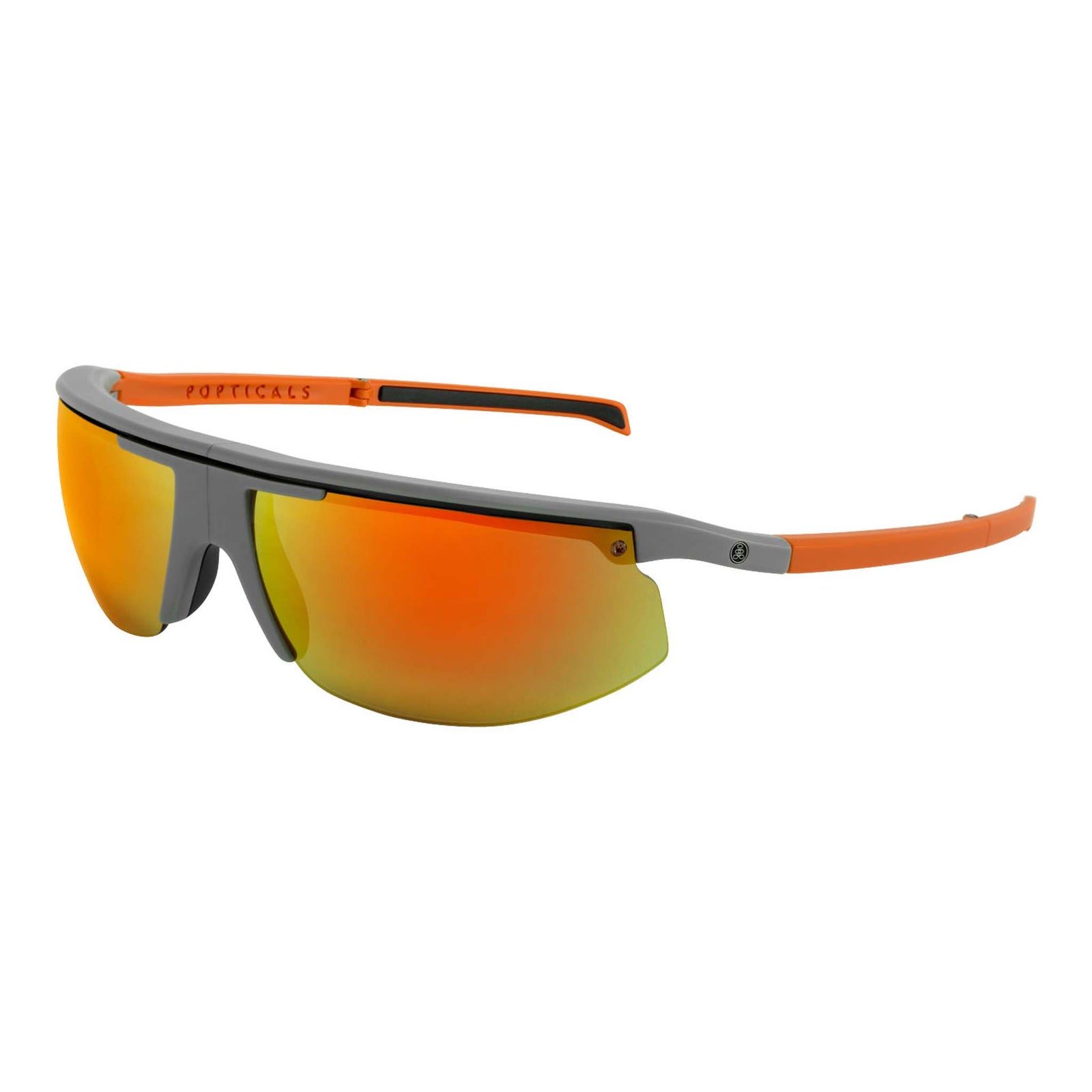 Popticals, Premium Compact Sunglasses, PopStar, 010040-OMGP, Polarized Sunglasses, Matte Gray/Orange Frame, Gray Lenses w/Orange Mirror Finish, Glam View