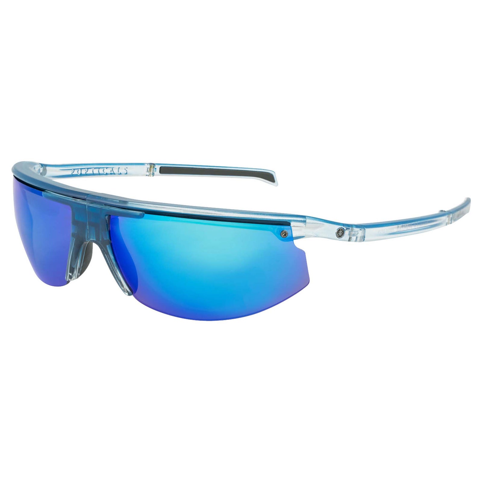 Popticals, Premium Compact Sunglasses, PopStar, 030040-BFUN, Polarized Sunglasses, Gloss Blue/Clear Crystal Frame, Gray Lenses w/Blue Mirror Finish, Glam View
