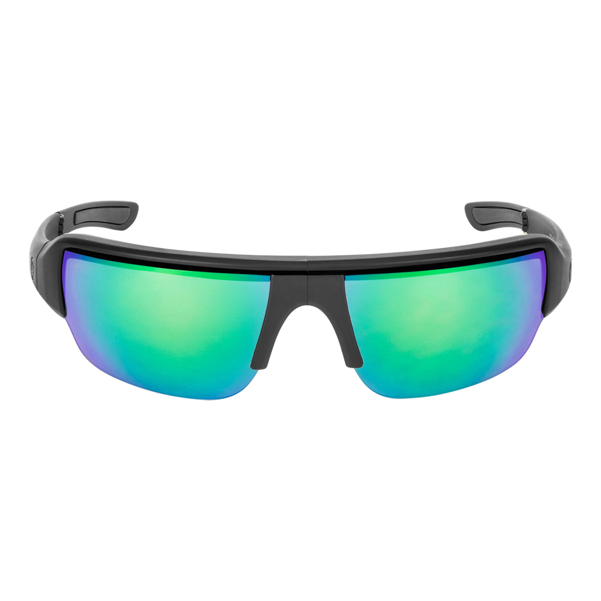 Popticals, Premium Compact Sunglasses, PopGun, 010010-BMEN, Polarized Sunglasses, Matte Black Frame, Gray Lenses w/Green Mirror, Front View