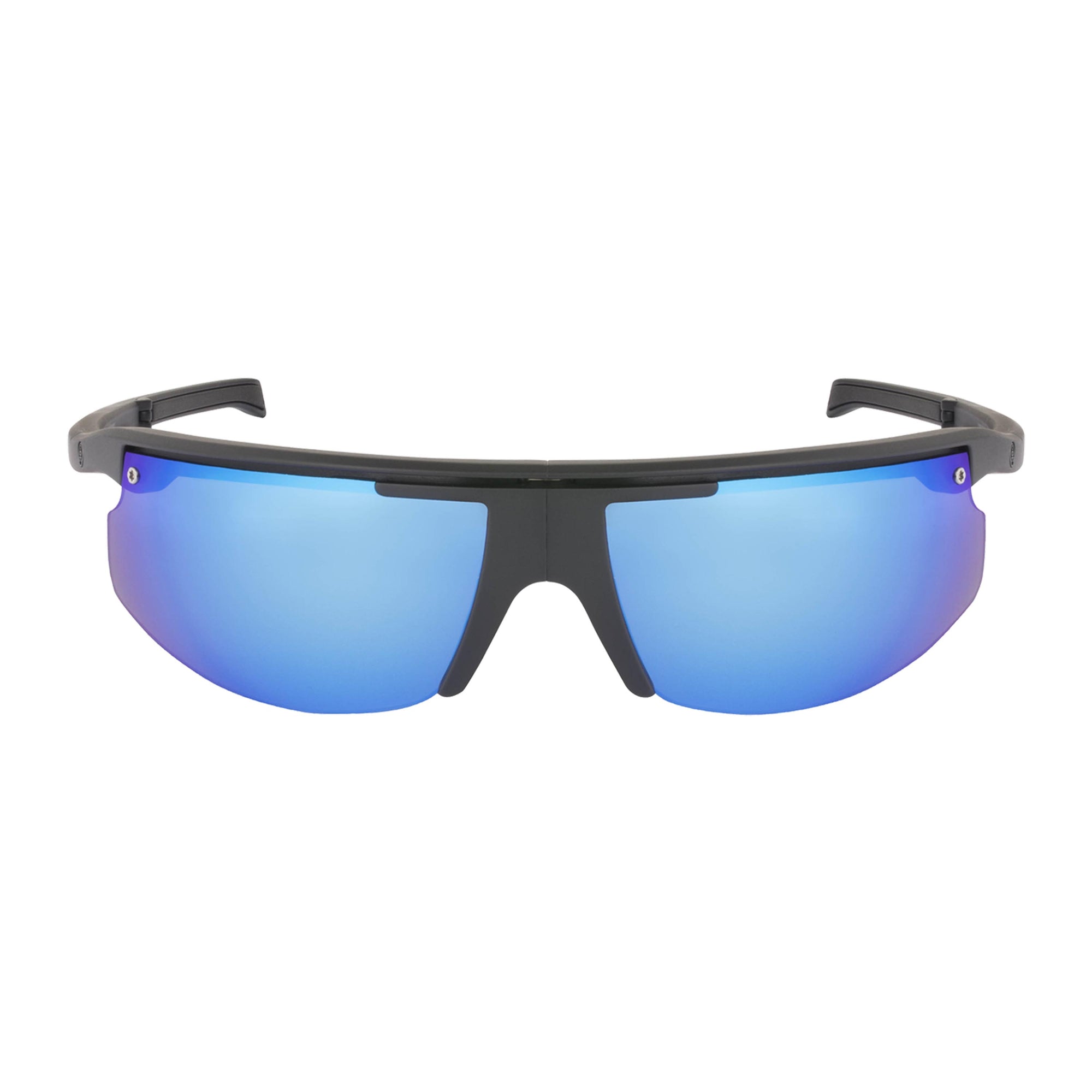 Popticals, Premium Compact Sunglasses, PopStar, 010040-BMUN, Polarized Sunglasses, Matte Black Frame, Gray Lenses w/Blue Mirror Finish, Glam View