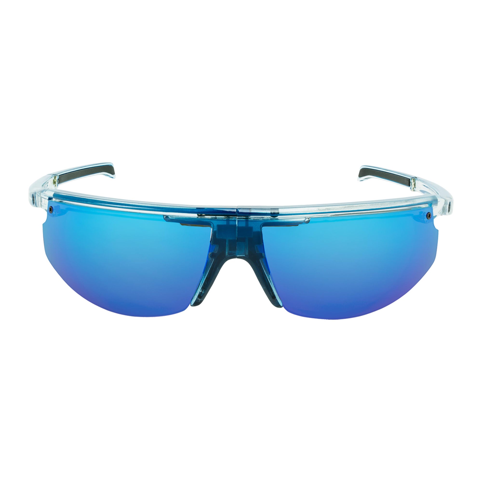 Popticals, Premium Compact Sunglasses, PopStar, 030040-BFUN, Polarized Sunglasses, Gloss Blue/Clear Crystal Frame, Gray Lenses w/Blue Mirror Finish, Front View