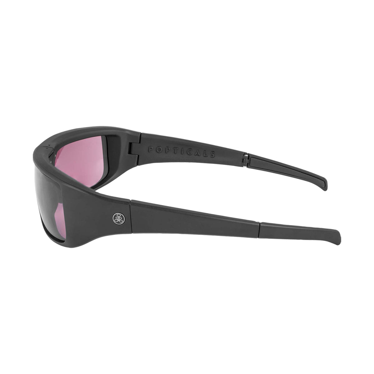 Popticals, Premium Compact Sunglasses, PopGear, 200050-BMPS, Standard Sunglasses, Matte Black Frame , Purple Golf Lenses, Side View