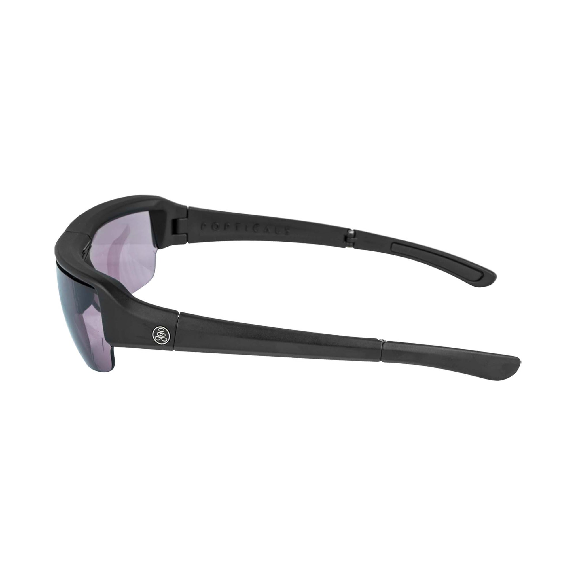 Popticals, Premium Compact Sunglasses, PopGun, 200010-BMVS, Standard Golf Sunglasses, Matte Black Frame, Violet Golf Lenses, Side View
