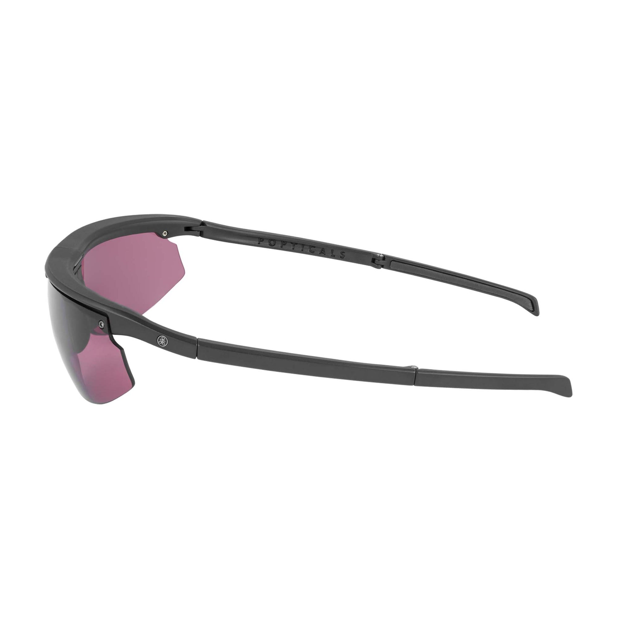 Popticals, Premium Compact Sunglasses, PopStar, 200040-BMPS, Standard Golf Sunglasses, Matte Black Frame, Purple Golf Lenses, Side View