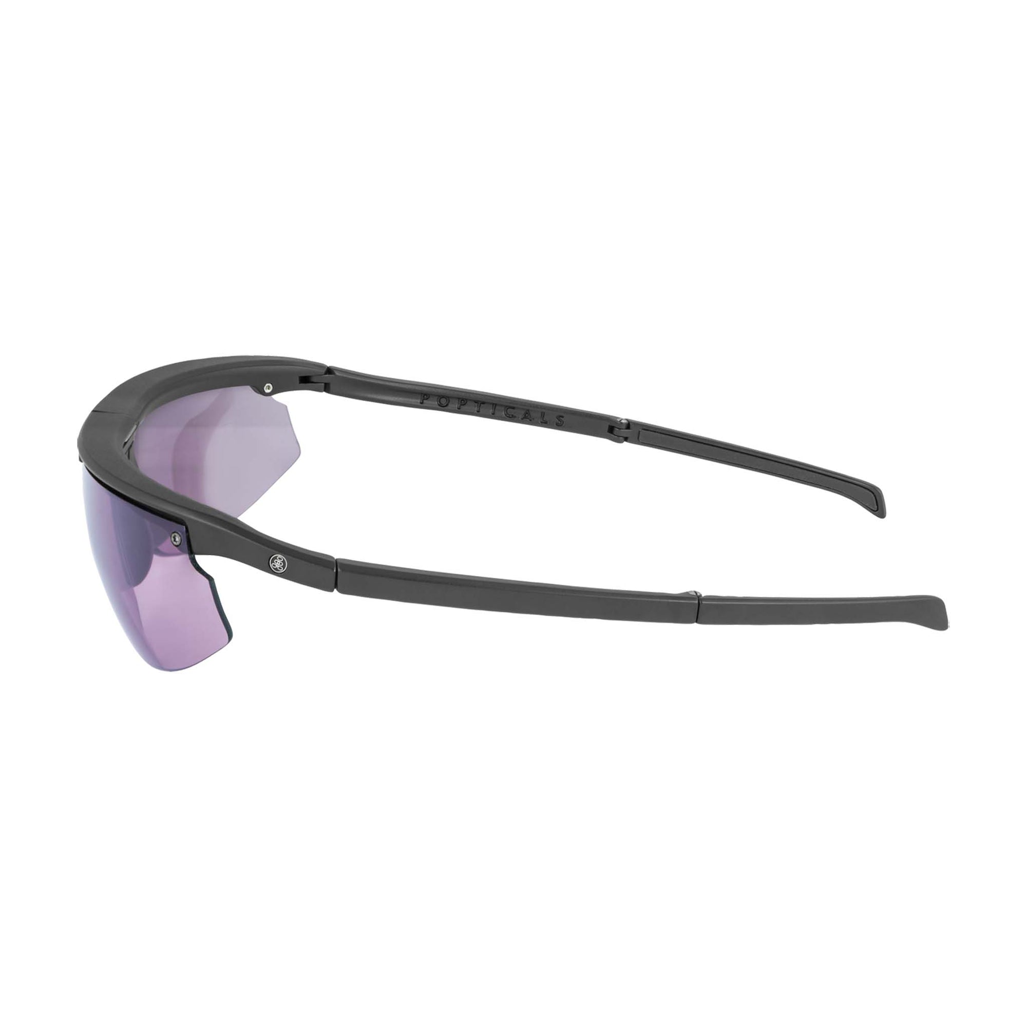 Popticals, Premium Compact Sunglasses, PopStar, 200040-BMVS, Standard Golf Sunglasses, Matte Black Frame, Violet Golf Lenses, Side View