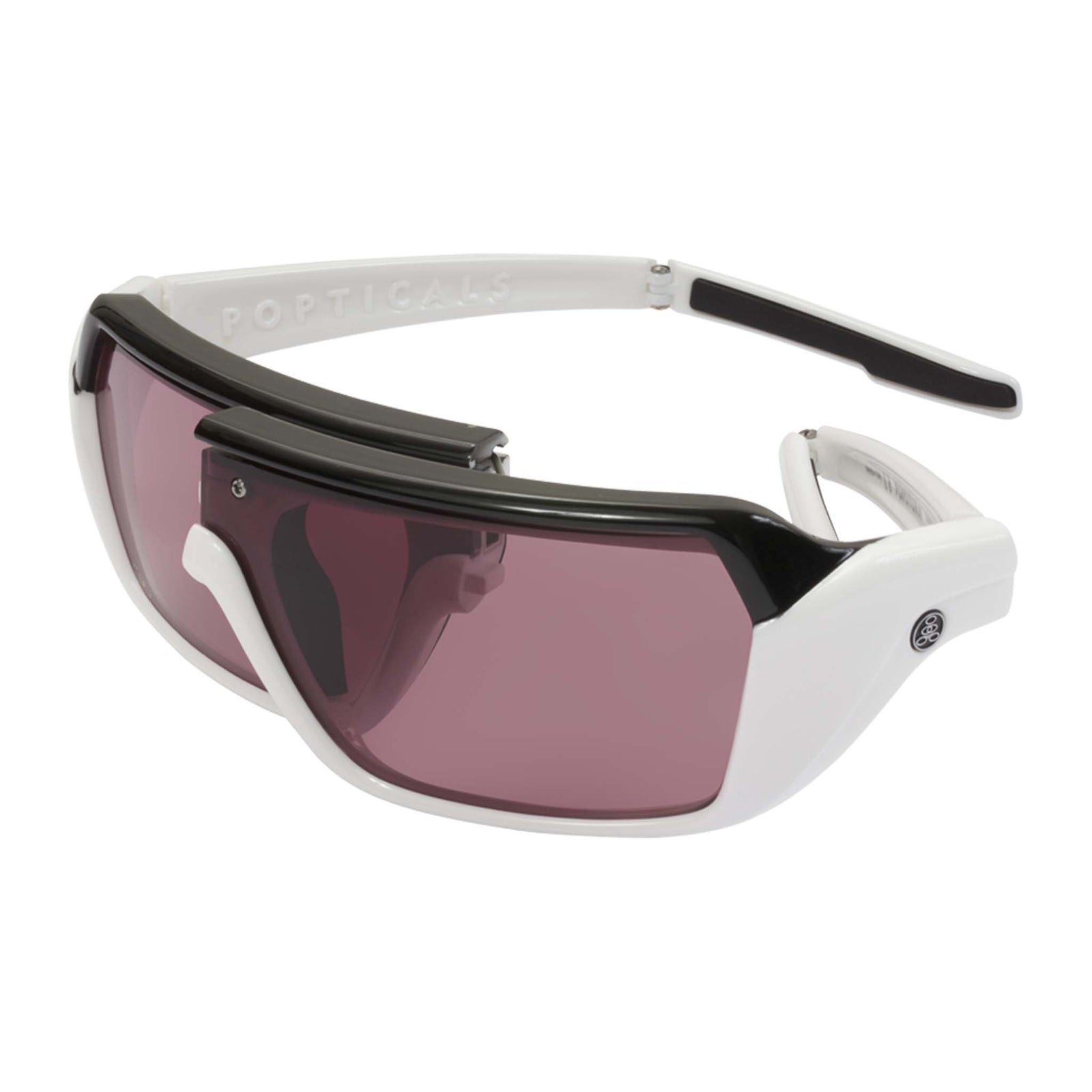 Popticals, Premium Compact Sunglasses, PopStorm, 200060-WBPS, Standard Sunglasses, Gloss Black/White Frame, Purple Golf Lenses, Glam View