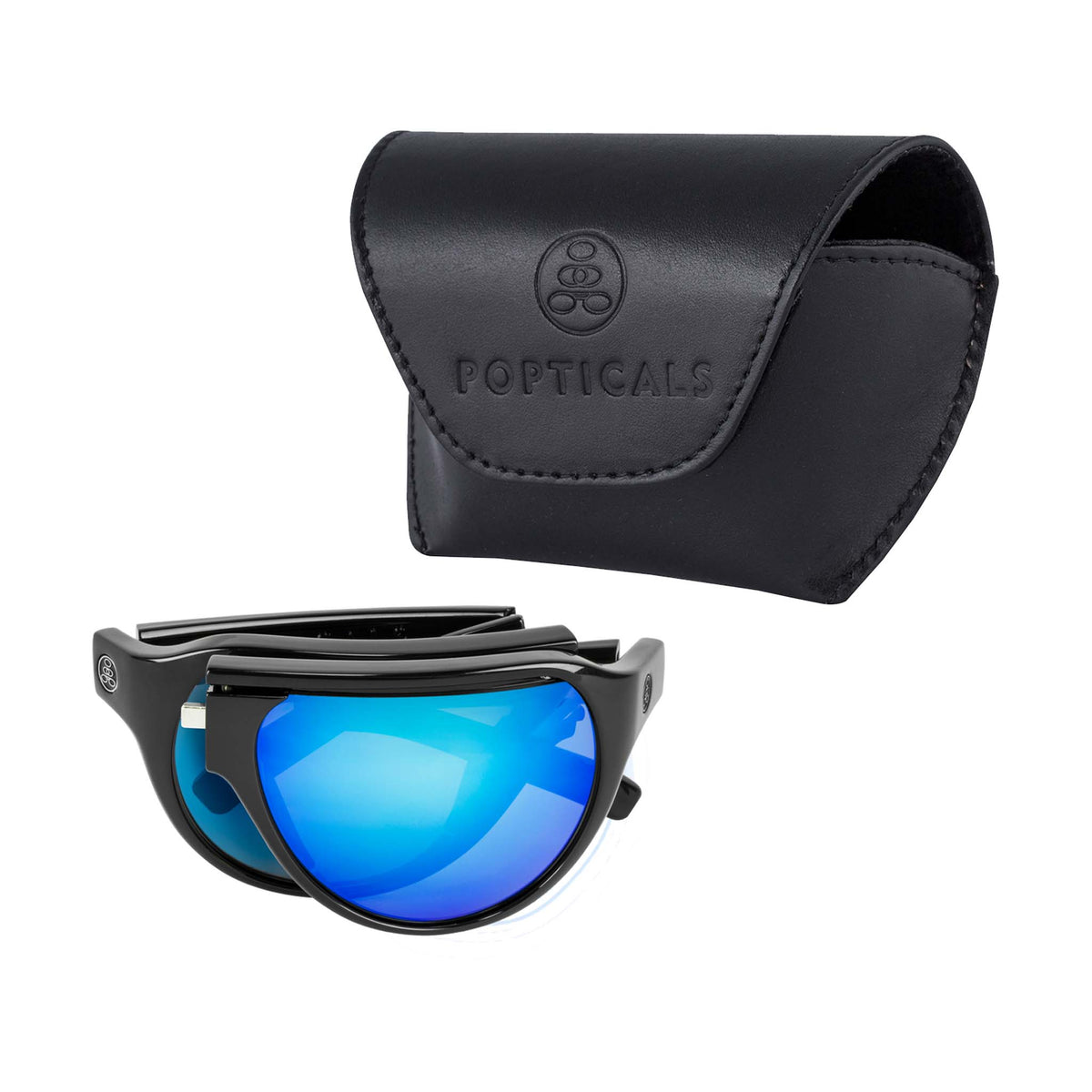 Popticals, Premium Compact Sunglasses, PopAir, 300010-BGUN, Polarized Sunglasses, Gloss Black Frame, Gray Lenses with Blue Mirror Finish, Case View