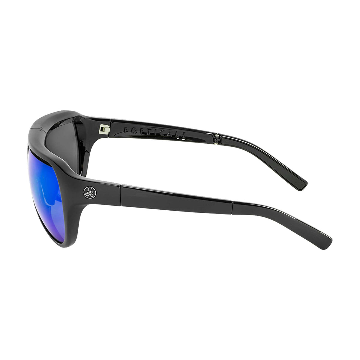 Popticals, Premium Compact Sunglasses, PopAir, 300010-BGUN, Polarized Sunglasses, Gloss Black Frame, Gray Lenses with Blue Mirror Finish, Side View