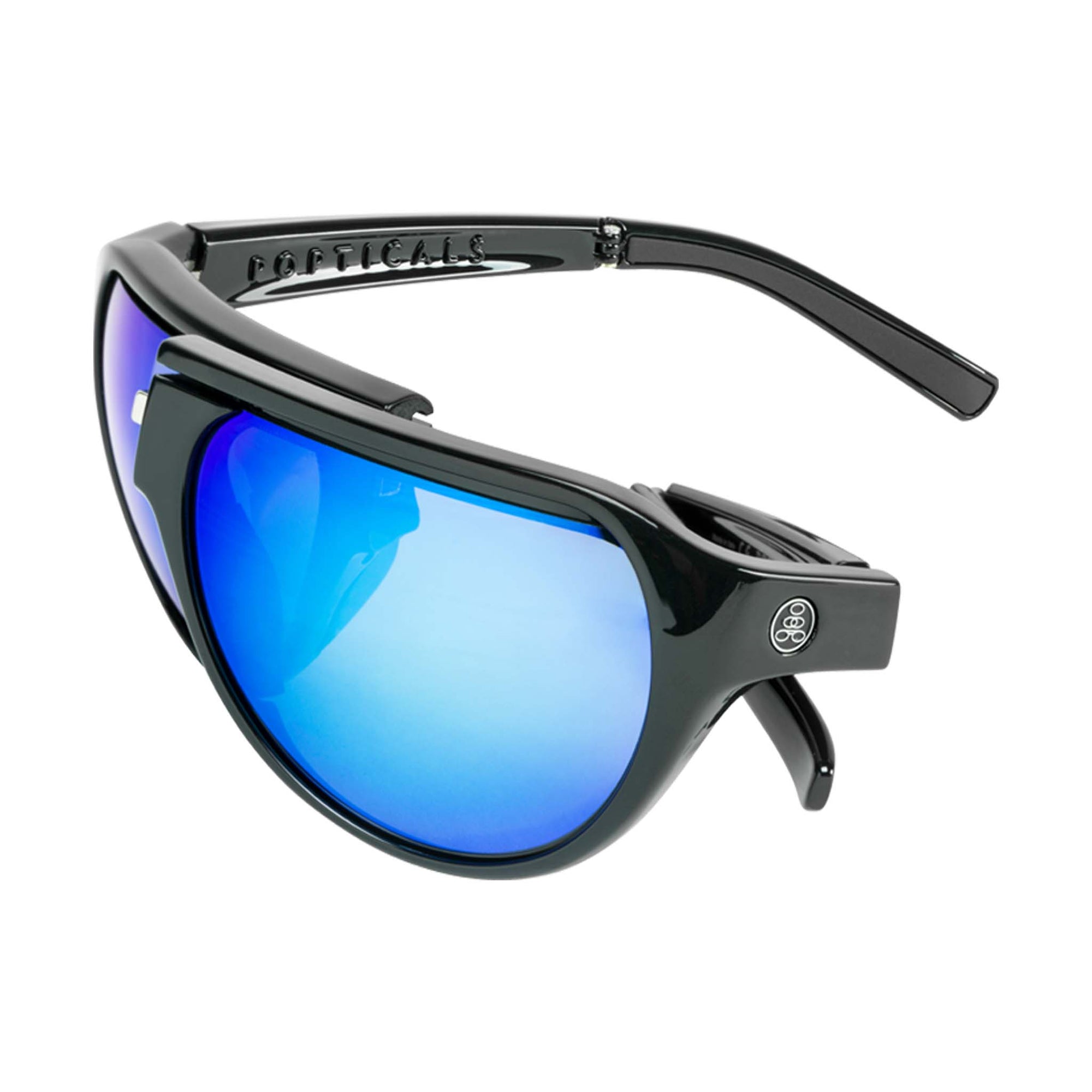 Popticals, Premium Compact Sunglasses, PopAir, 300010-BGUN, Polarized Sunglasses, Gloss Black Frame, Gray Lenses with Blue Mirror Finish, Glam View