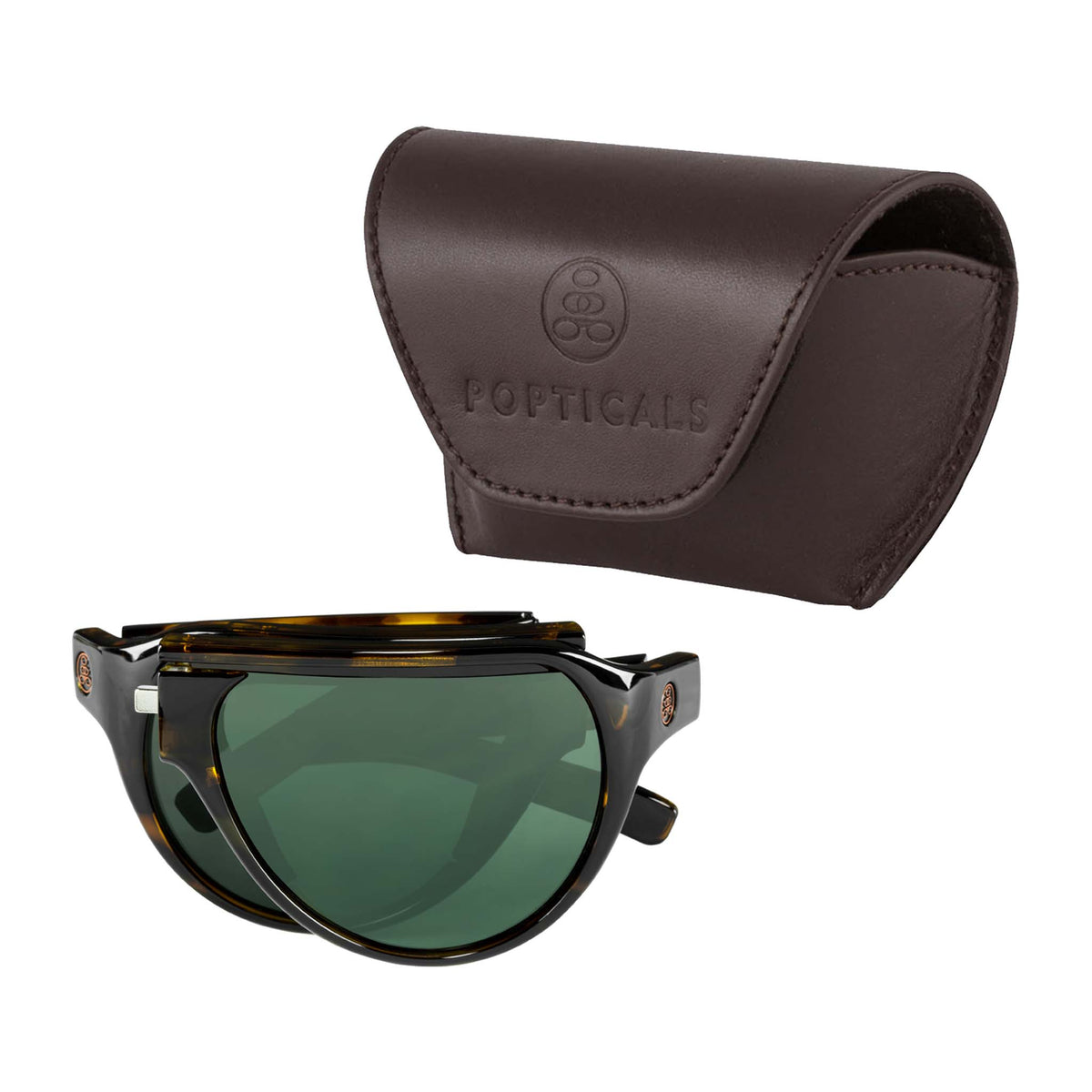 Popticals, Premium Compact Sunglasses, PopAir, 300010-CTEP, Polarized Sunglasses, Gloss Tortoise Frame, Green Lenses, Case View