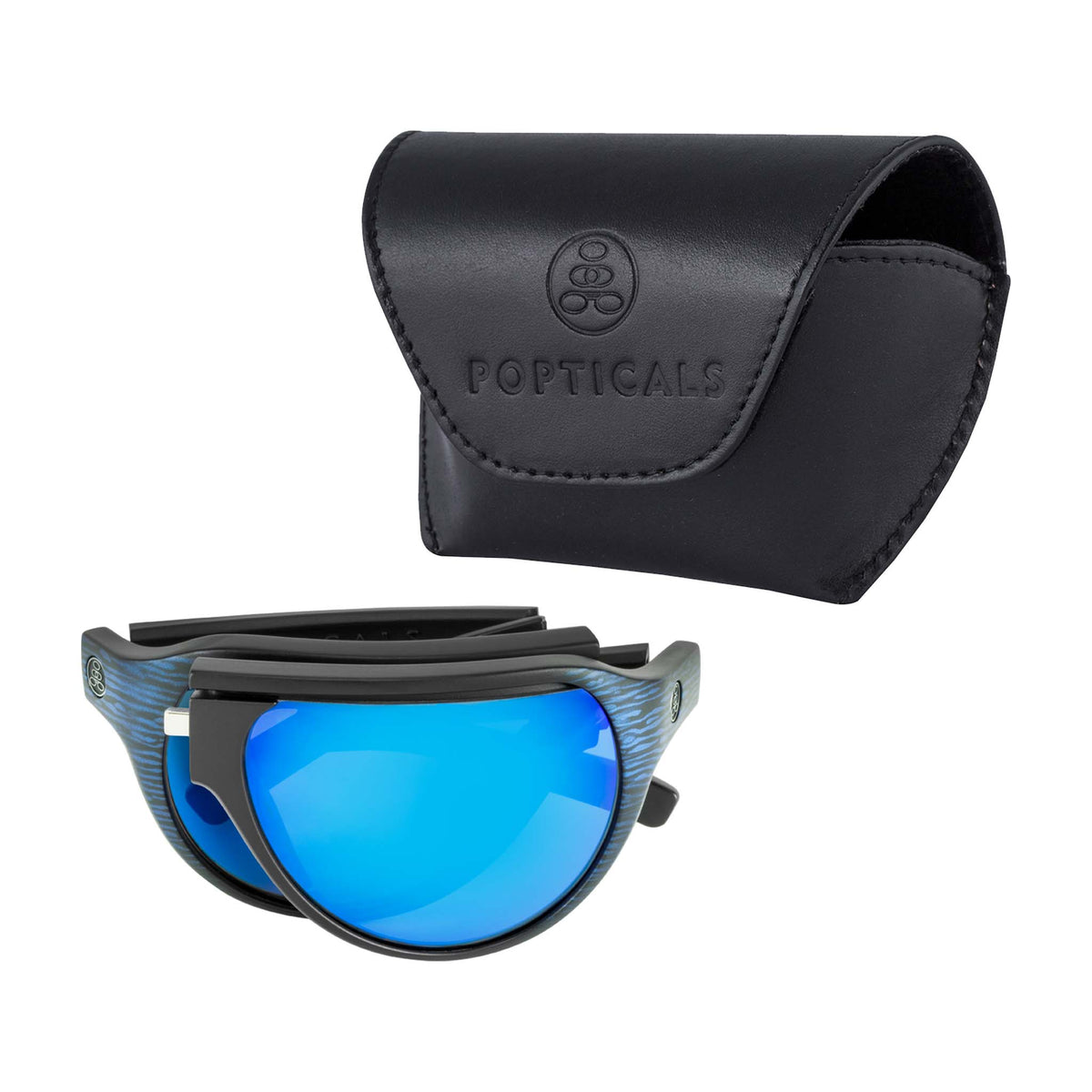 Popticals, Premium Compact Sunglasses, PopAir, 300010-EUUN, Polarized Sunglasses, Matte Blue/Black Wood Grain Frame, Blue Mirror Lenses, Case View