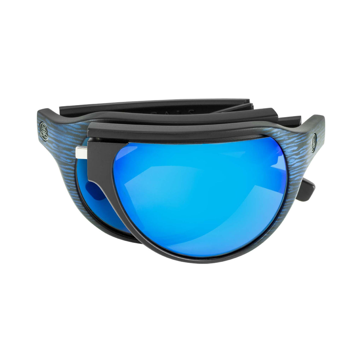 Popticals, Premium Compact Sunglasses, PopAir, 300010-EUUN, Polarized Sunglasses, Matte Blue/Black Wood Grain Frame, Blue Mirror Lenses, Compact View