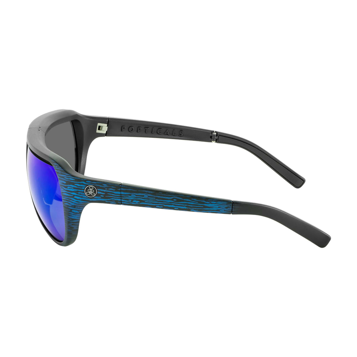Popticals, Premium Compact Sunglasses, PopAir, 300010-EUUN, Polarized Sunglasses, Matte Blue/Black Wood Grain Frame, Blue Mirror Lenses, Side View