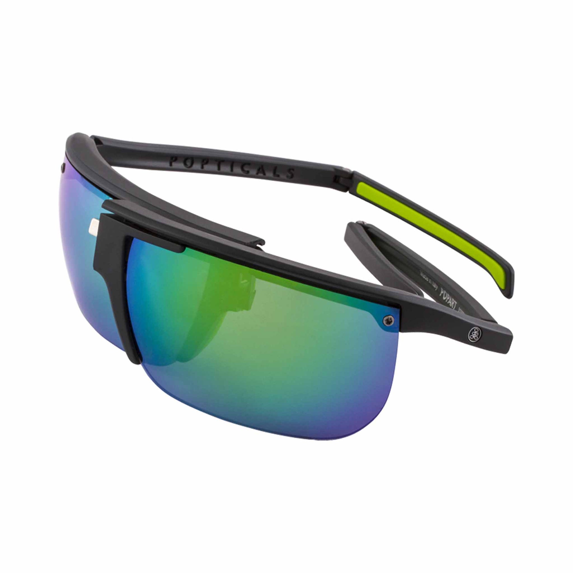 Popticals, Premium Compact Sunglasses, PopArt, 010030-BMEN, Polarized Sunglasses, Matte Black Frame, Gray Lenses with Green Mirror Finish, Spider View