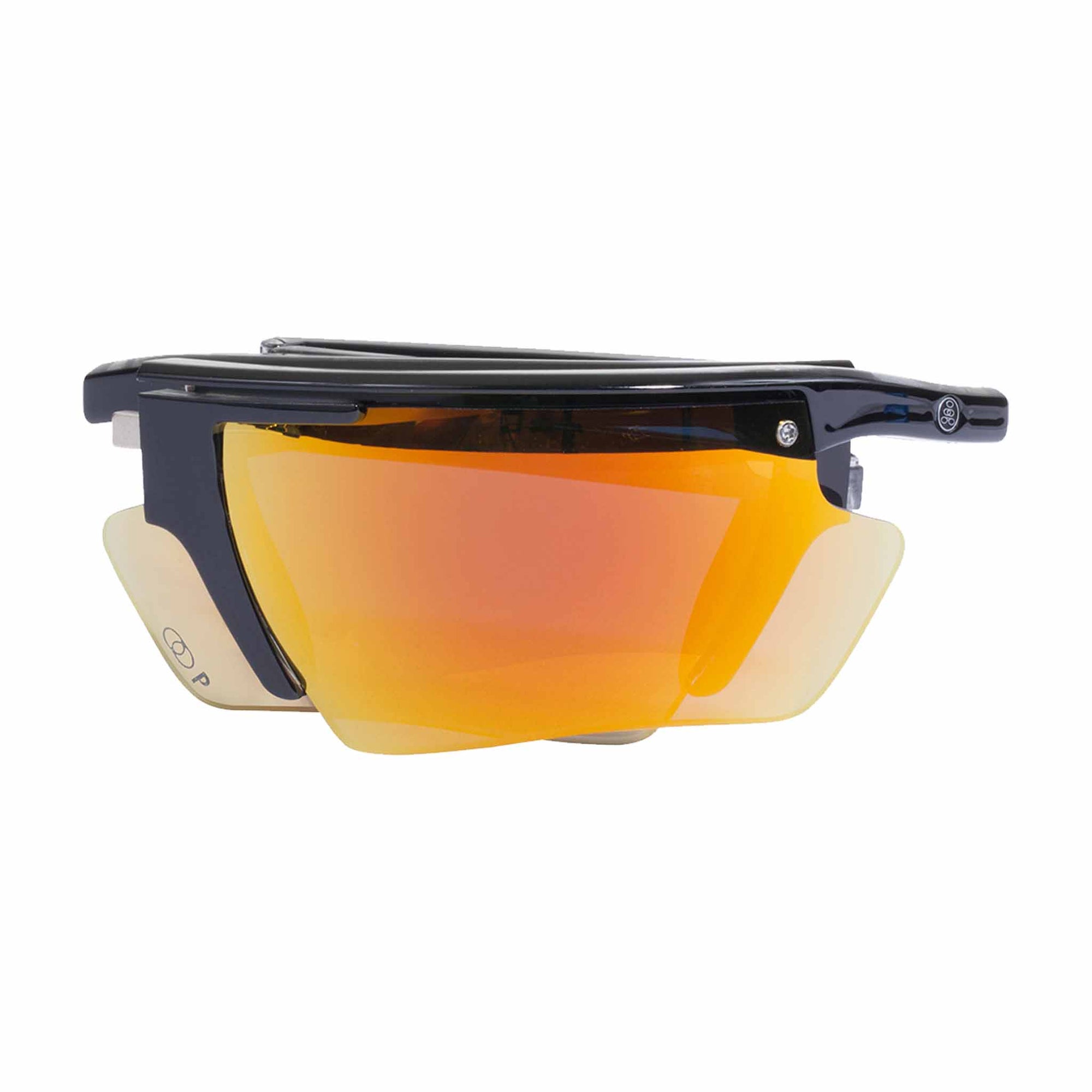 Popticals, Premium Compact Sunglasses, PopEdge, 040091-BLON, Polarized Sunglasses, Gloss Black over Crystal Frame, Gray Lenses with Orange Mirror Finish, Compact View