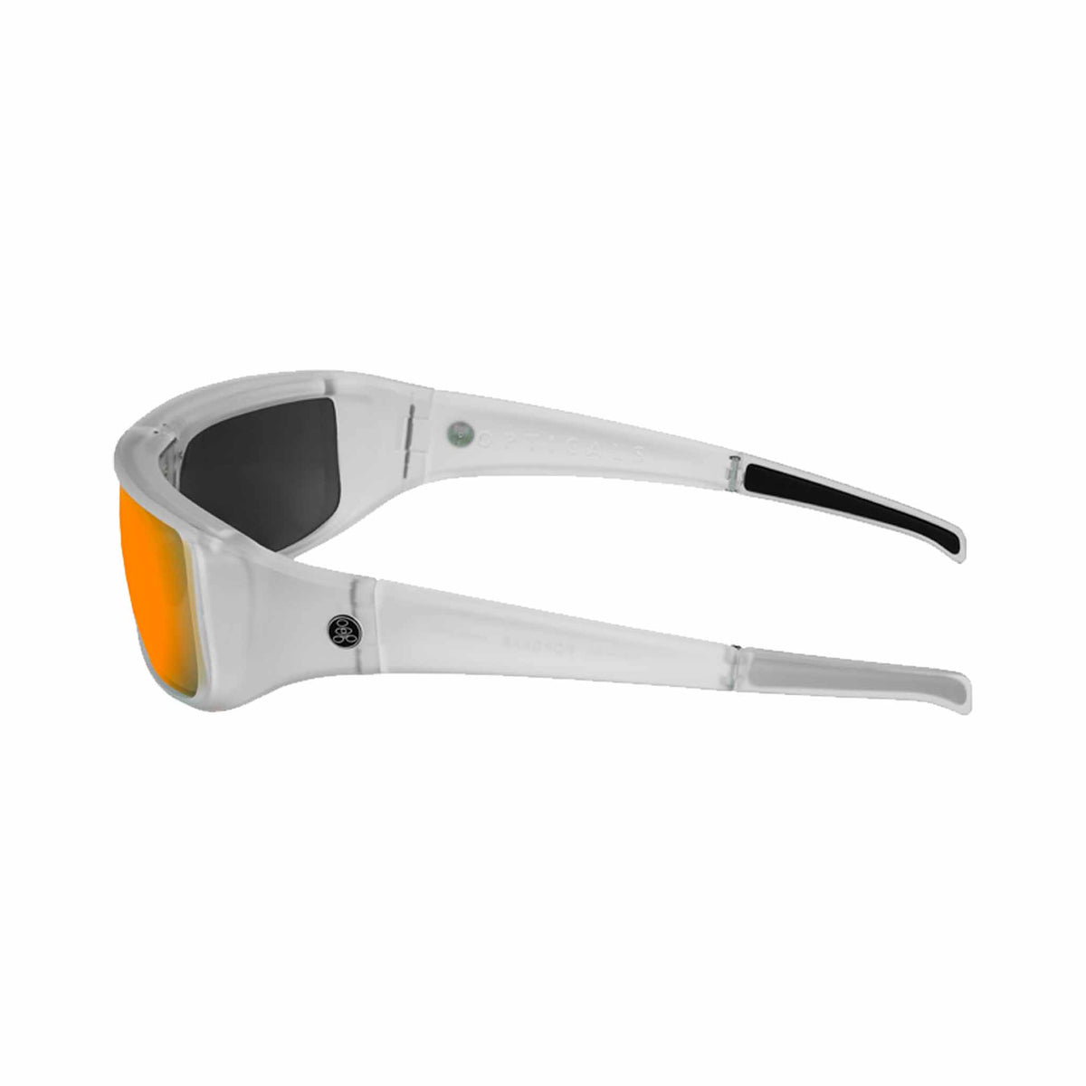 Popticals, Premium Compact Sunglasses, PopGear, 010050-XYOO, Standard Sunglasses, Matte Crystal Frame, Gray Lenses with Orange Mirror Finish, Side View