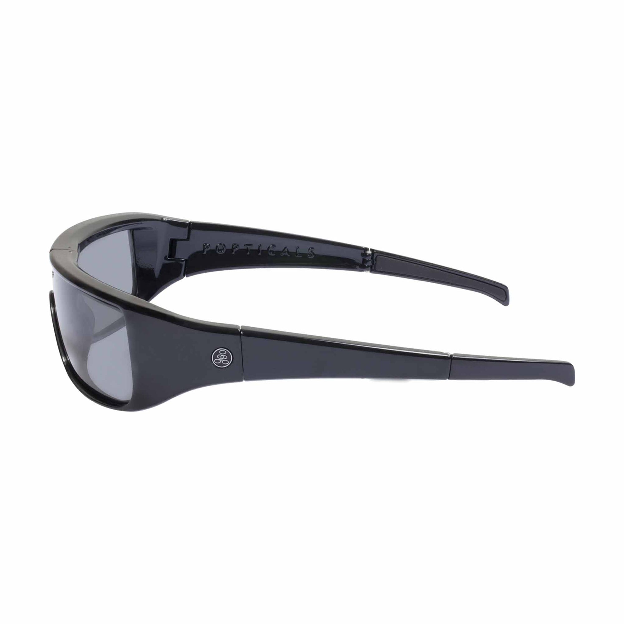 Popticals, Premium Compact Sunglasses, PopGear, 010051-BGGP, Polarized Sunglasses, Gloss Black Frame, Gray Lenses, Side View