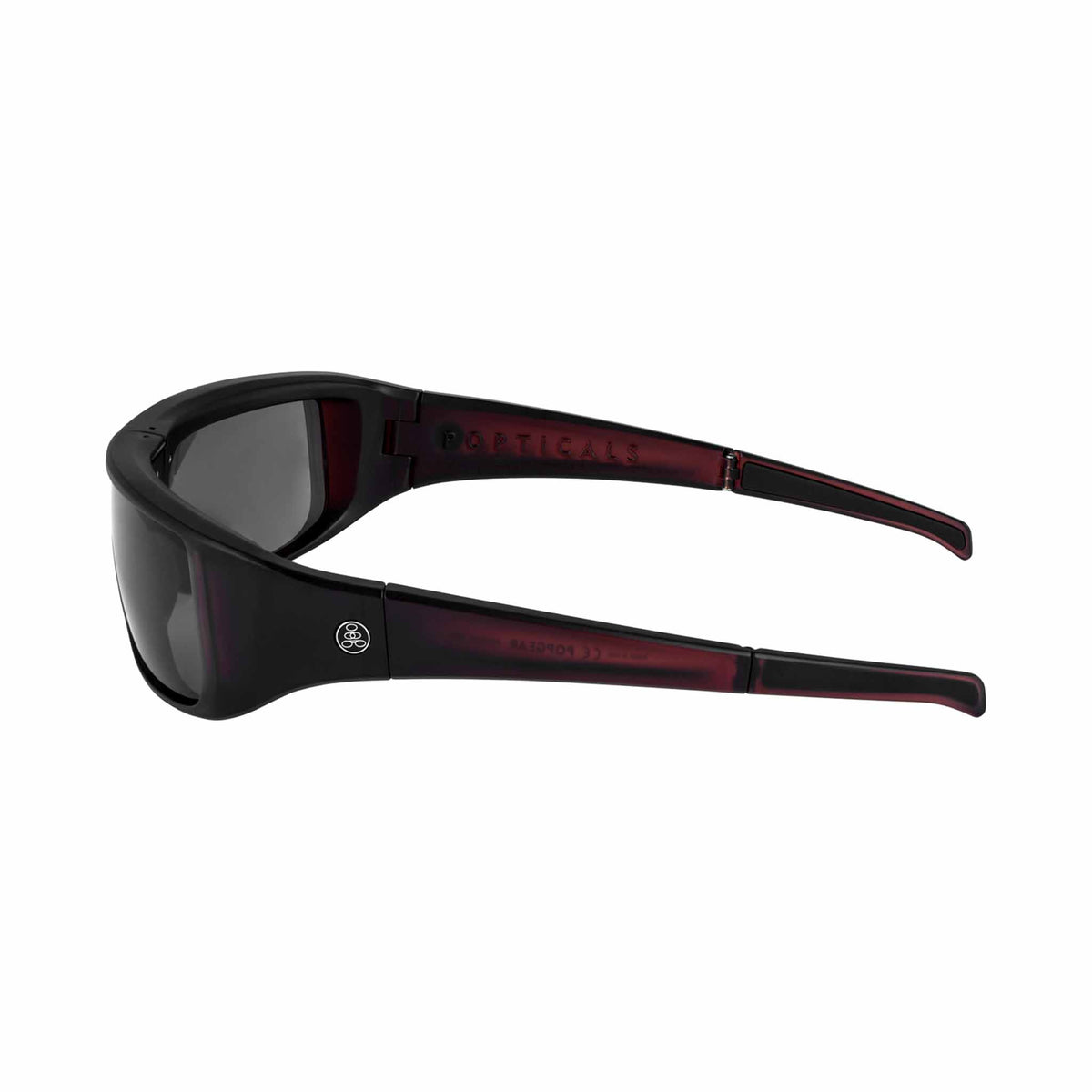 Popticals, Premium Compact Sunglasses, PopGear, 030050-LEGP, Polarized Sunglasses, Gloss Wine/Black Crystal Frame, Gray Lenses, Side View