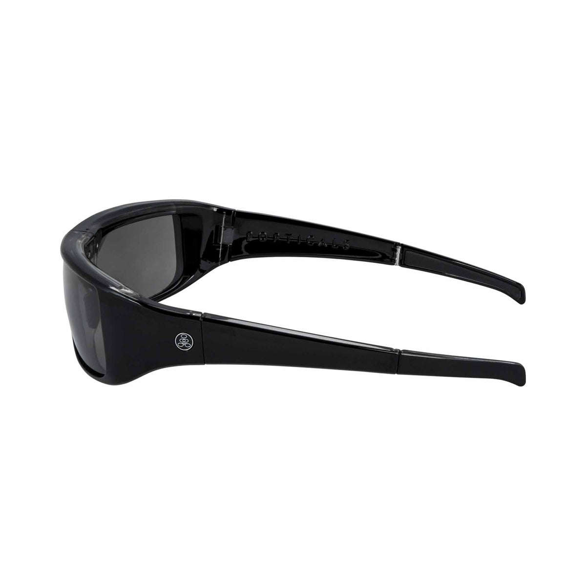 Popticals, Premium Compact Sunglasses, PopGear, 040050-BLGP, Polarized Sunglasses, Gloss Black over Crystal Frame , Gray Lenses, Side View