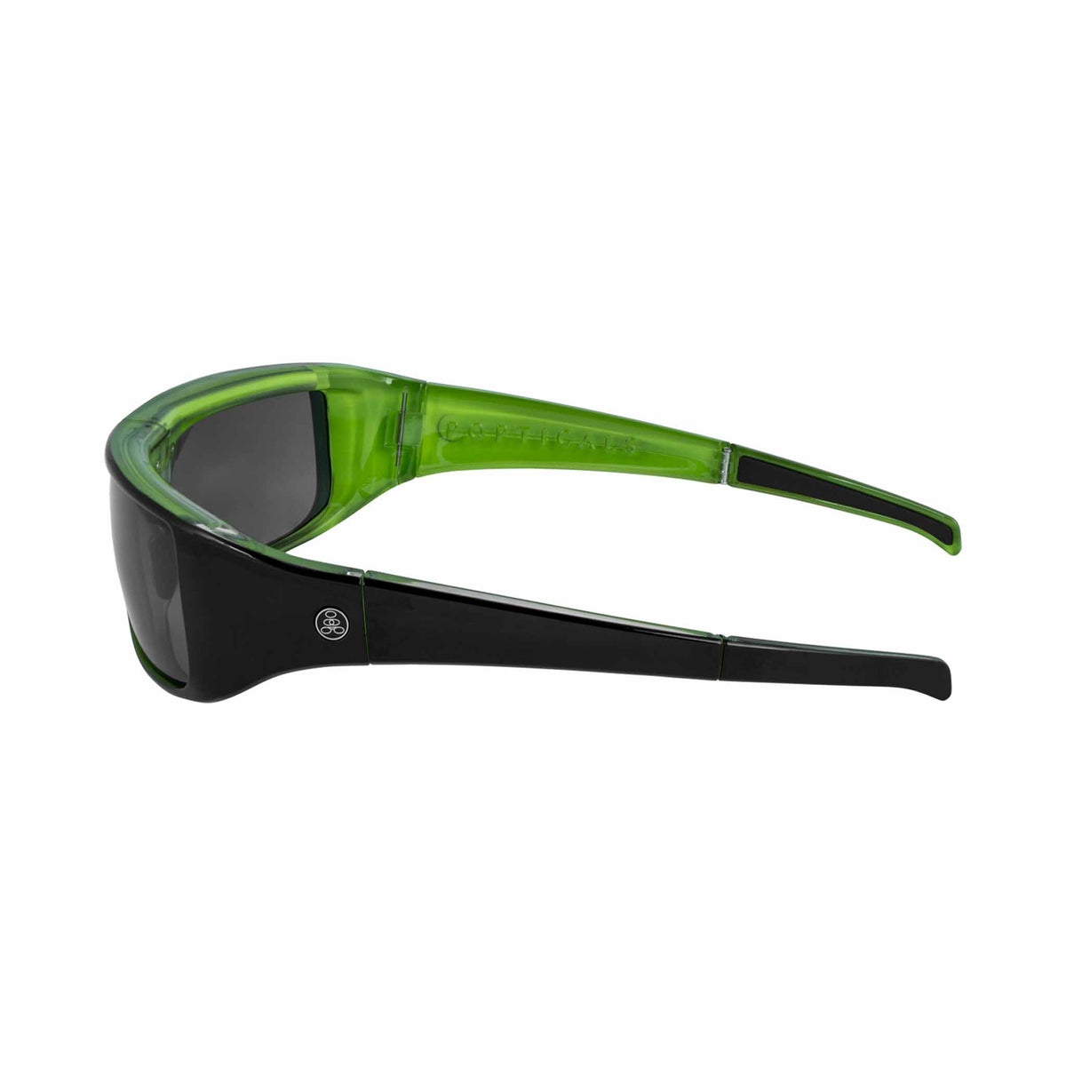 Popticals, Premium Compact Sunglasses, PopGear, 040050-GLGP, Polarized Sunglasses, Gloss Black over Green Crystal Frame , Gray Lenses, Side View