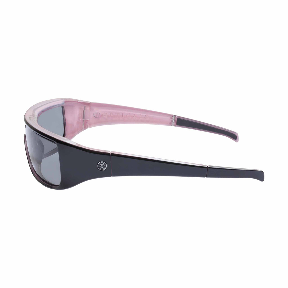 Popticals, Premium Compact Sunglasses, PopGear, 040051-KLGP, Polarized Sunglasses, Gloss Black over Pink Crystal Frame , Gray Lenses, Side View