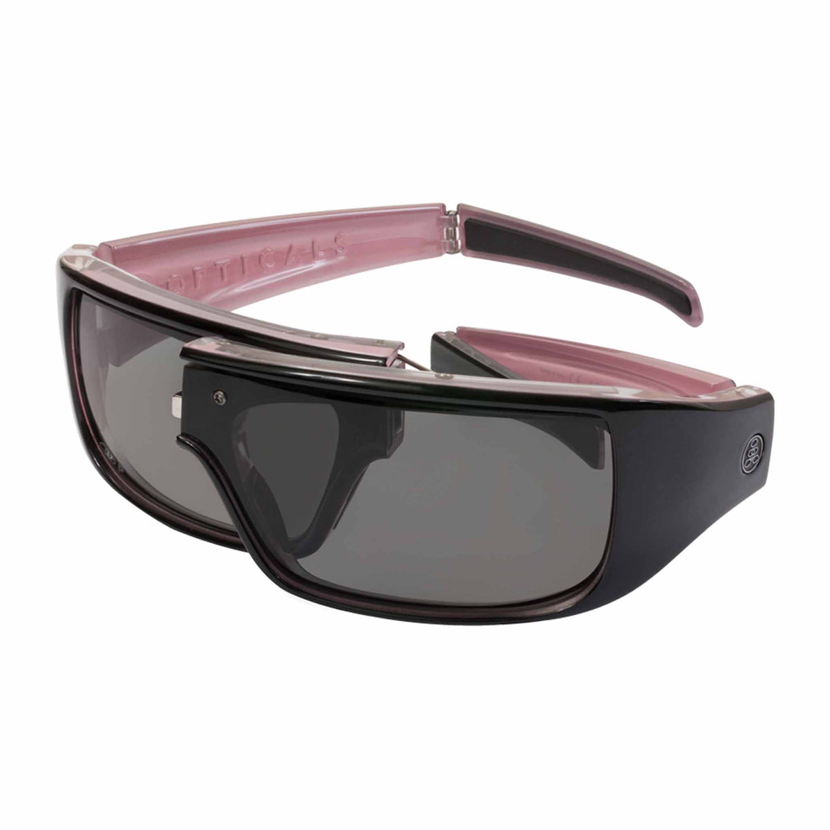 Popticals, Premium Compact Sunglasses, PopGear, 040051-KLGP, Polarized Sunglasses, Gloss Black over Pink Crystal Frame , Gray Lenses, Spider View