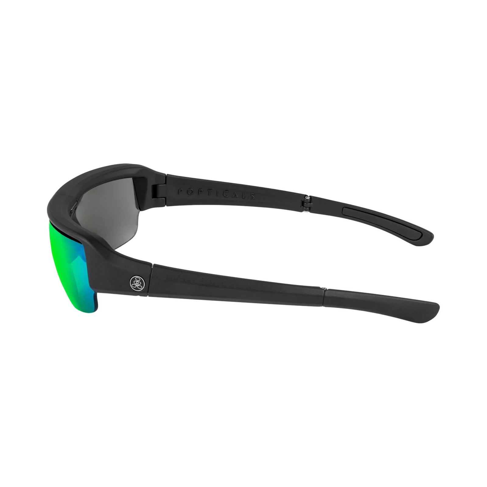 Popticals, Premium Compact Sunglasses, PopGun, 010010-BMEN, Polarized Sunglasses, Matte Black Frame, Gray Lenses w/Green Mirror, Side View