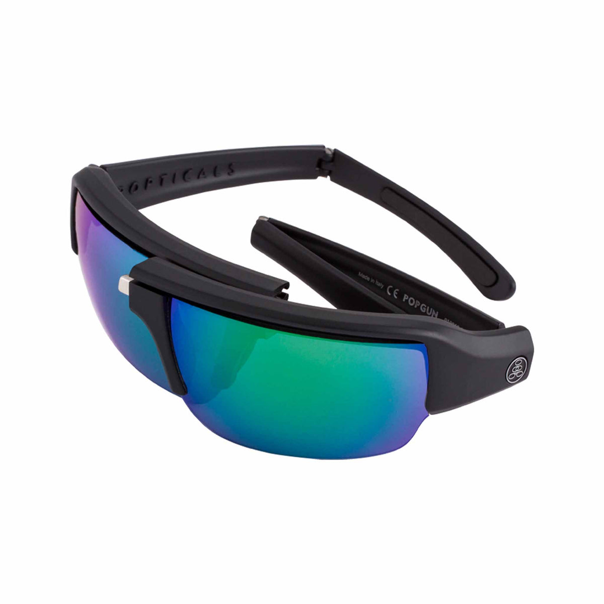 Popticals, Premium Compact Sunglasses, PopGun, 010010-BMEN, Polarized Sunglasses, Matte Black Frame, Gray Lenses w/Green Mirror, Spider View