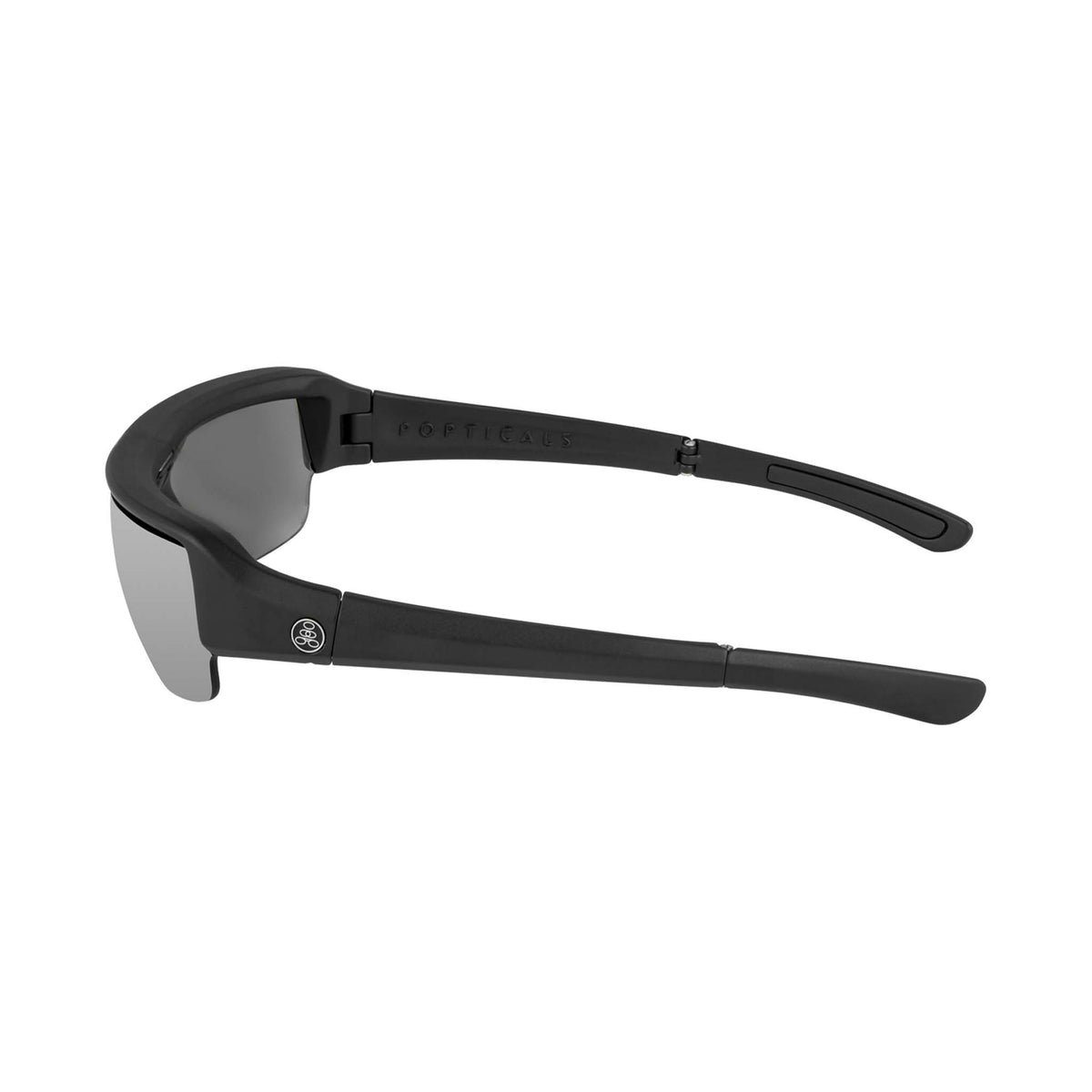 Popticals, Premium Compact Sunglasses, PopGun, 010010-BMLN, Polarized Sunglasses, Matte Black Frame, Gray Lenses w/Silver Mirror Finish, Side View