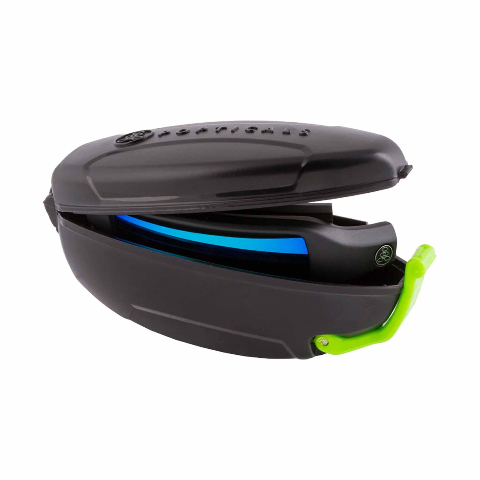 Popticals, Premium Compact Sunglasses, PopGun, 010010-BMUN, Polarized Sunglasses, Matte Black Frame, Gray Lenses w/Blue Mirror Finish, Case View