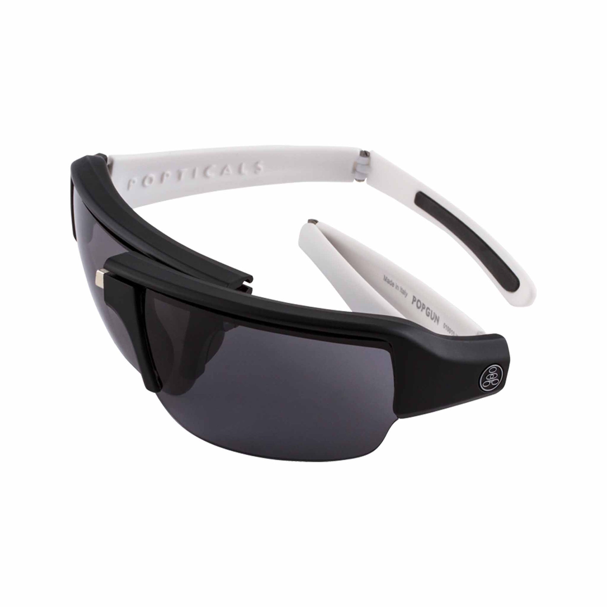 Popticals, Premium Compact Sunglasses, PopGun, 010010-WMGP, Polarized Sunglasses, Matte Black/White Frame, Gray Lenses, Glam View