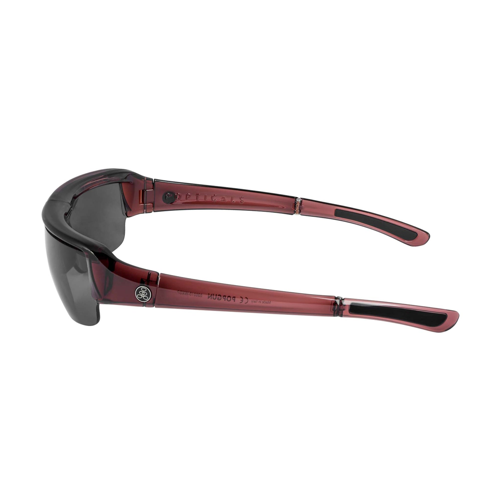 Popticals, Premium Compact Sunglasses, PopGun, 020010-WXGP, Polarized Sunglasses, Gloss Wine Crystal Frame, Gray Lenses, Side View