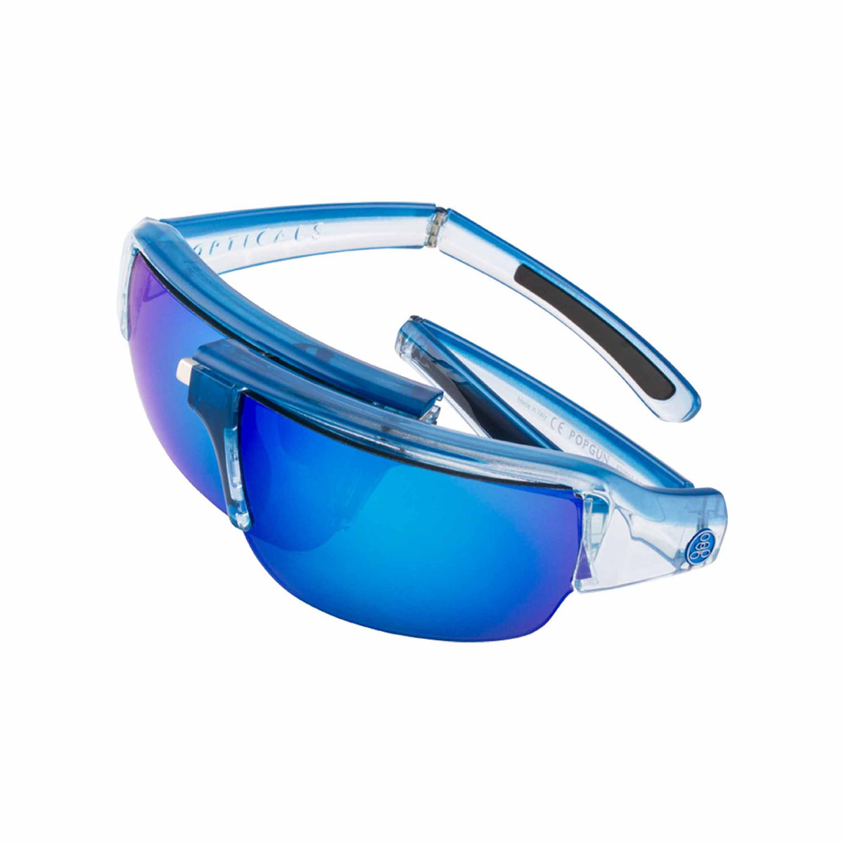 Popticals, Premium Compact Sunglasses, PopGun, 030010-BFUN, Polarized Sunglasses, Gloss Blue/Clear Crystal Frame, Gray Lenses w/Blue Mirror Finish, Spider View