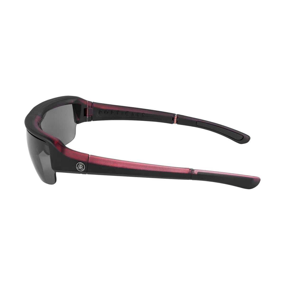 Popticals, Premium Compact Sunglasses, PopGun, 030010-REGP, Polarized Sunglasses, Matte Red/Black Crystal Frame, Gray Lenses, Side View