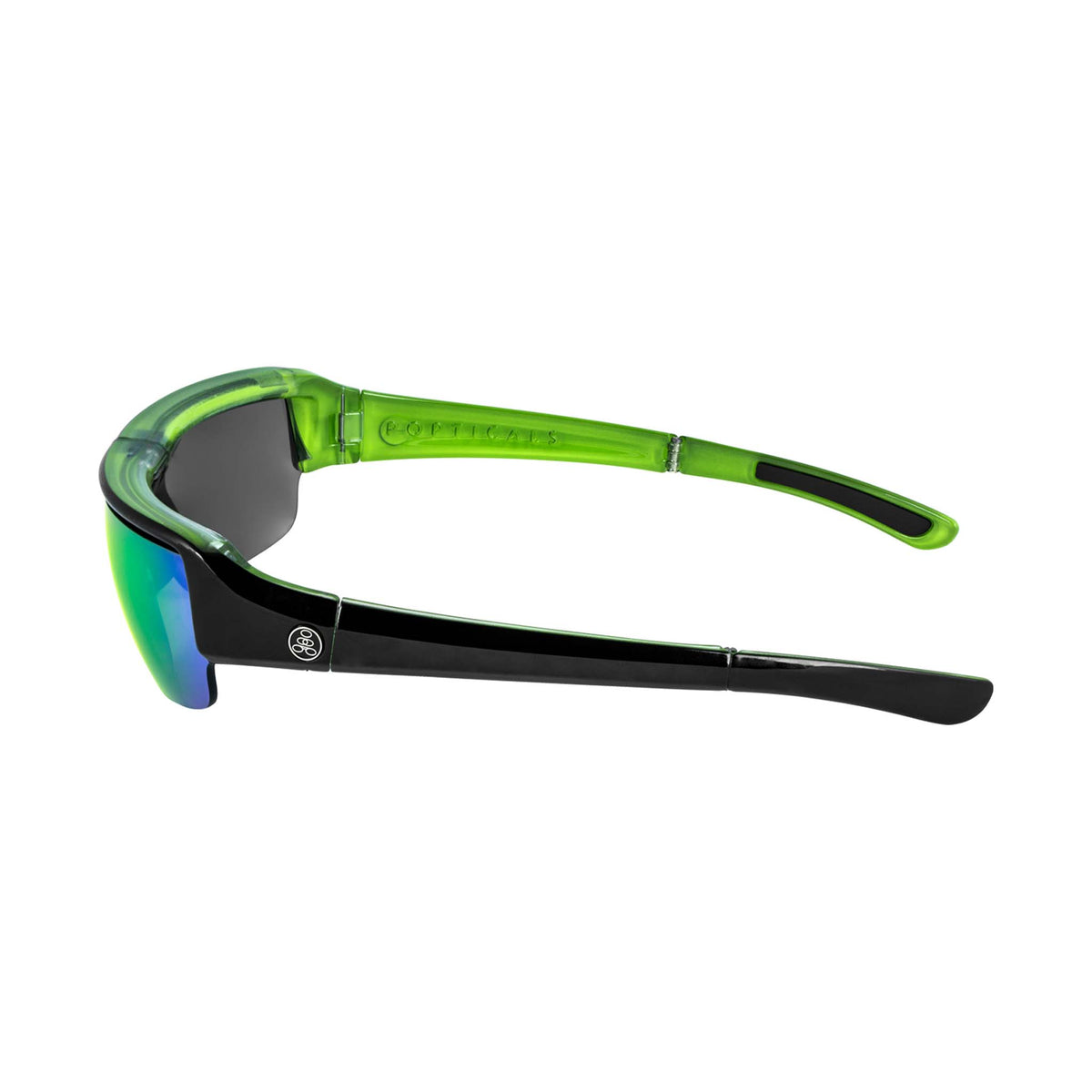 Popticals, Premium Compact Sunglasses, PopGun, 040010-GLEN, Polarized Sunglasses, Gloss Black over Green Crystal Frame, Gray Lenses w/Green Mirror Finish, Side View