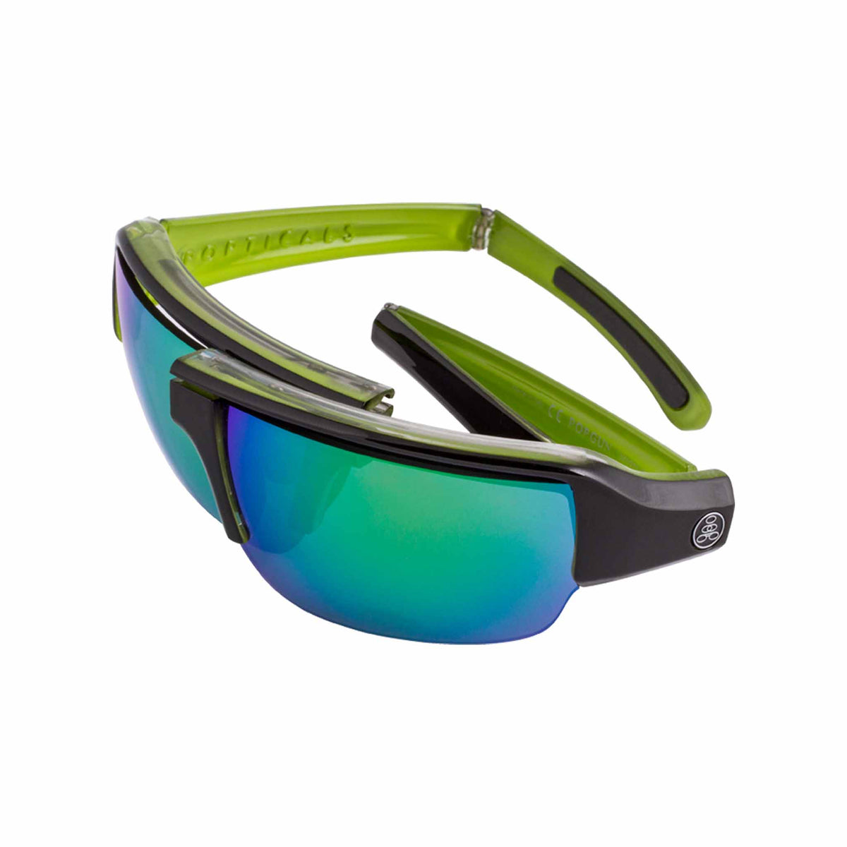 Popticals, Premium Compact Sunglasses, PopGun, 040010-GLEN, Polarized Sunglasses, Gloss Black over Green Crystal Frame, Gray Lenses w/Green Mirror Finish, Spider View