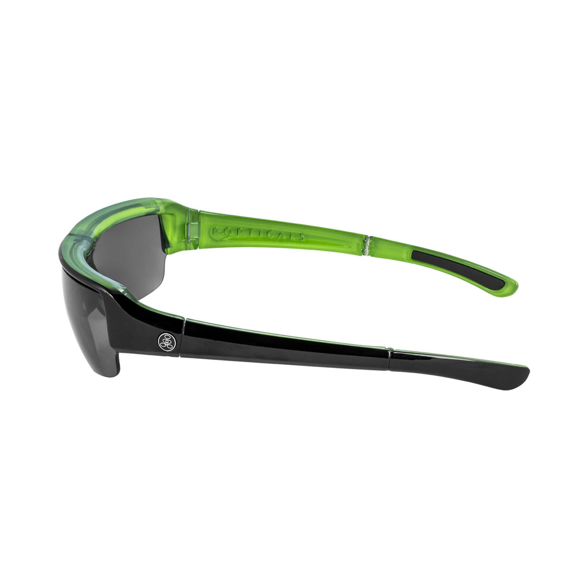 Popticals, Premium Compact Sunglasses, PopGun, 040010-GLGP, Polarized Sunglasses, Gloss Black over Green Crystal Frame, Gray Lenses, Side View