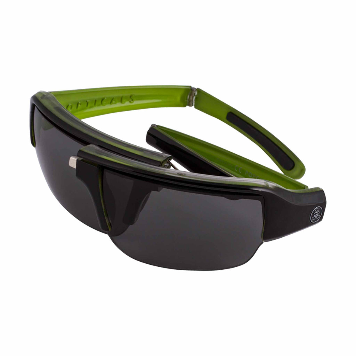 Popticals, Premium Compact Sunglasses, PopGun, 040010-GLGP, Polarized Sunglasses, Gloss Black over Green Crystal Frame, Gray Lenses, Spider View