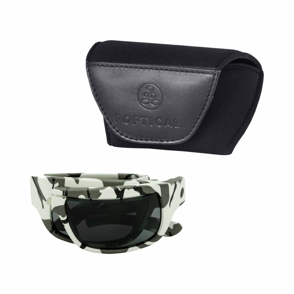Popticals, Premium Compact Sunglasses, PopH2O, 010070-CCGP, Polarized Sunglasses, Matte White Camo Frame, Gray Lenses, Case View