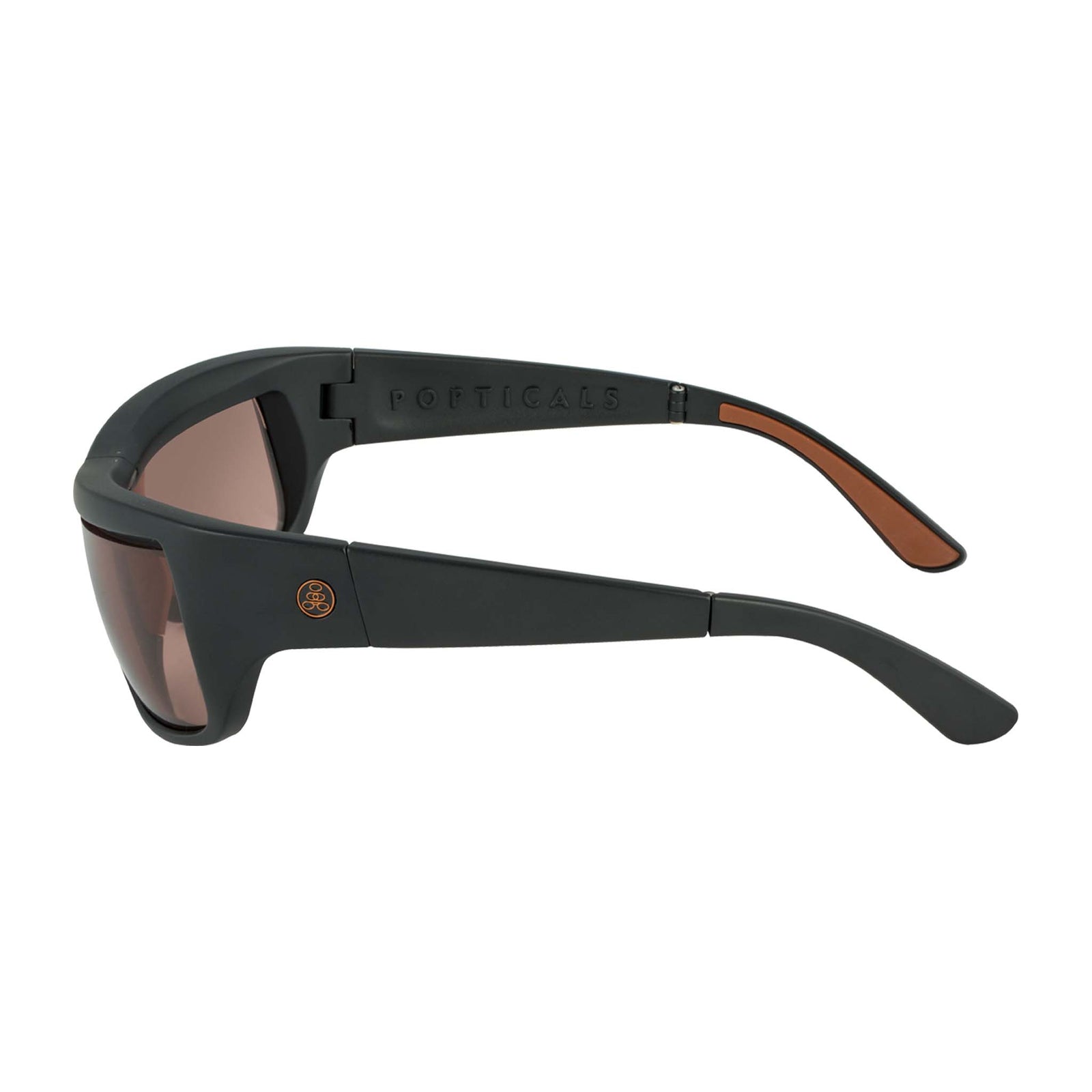Popticals, Premium Compact Sunglasses, PopH2O, 010070-BMCP, Polarized Sunglasses, Matte Black Frame, Copper Lenses, Side View