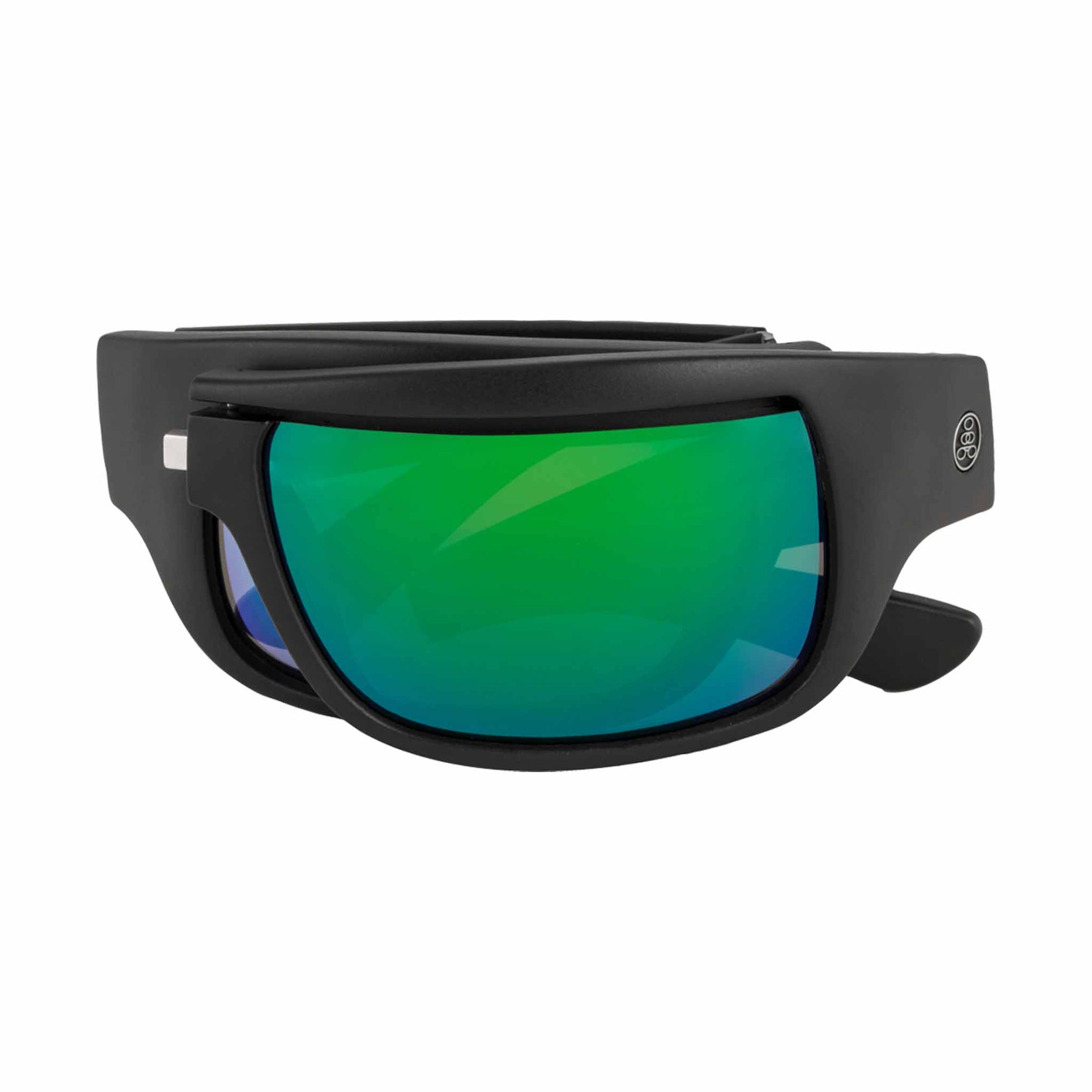 Popticals, Premium Compact Sunglasses, PopH2O, 010070-BMEN, Polarized Sunglasses, Matte Black Frame, Gray Lenses w/Green Mirror Finish, Compact View