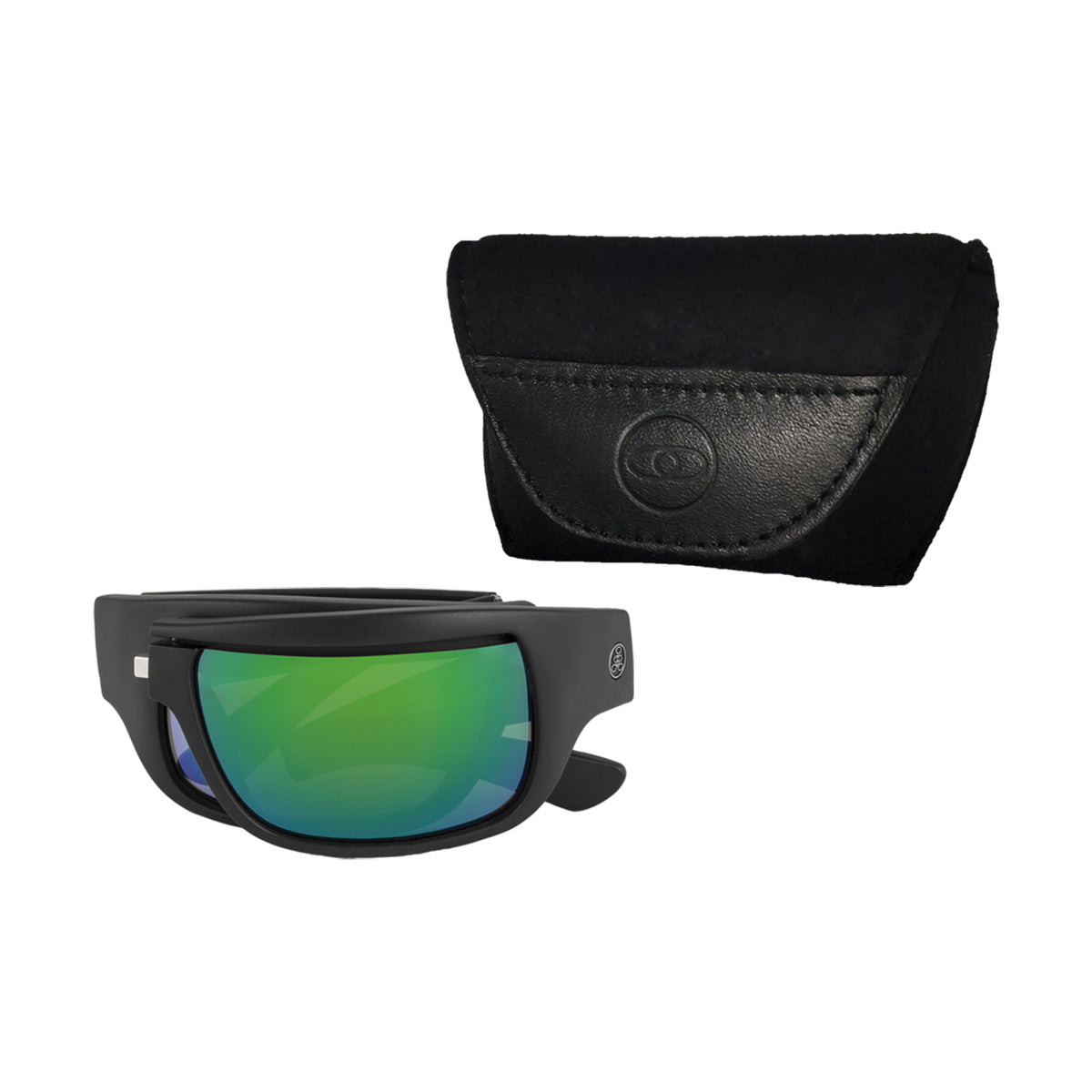 Popticals, Premium Compact Sunglasses, PopH2O, 010070-BMEN, Polarized Sunglasses, Matte Black Frame, Gray Lenses w/Green Mirror Finish, Case View