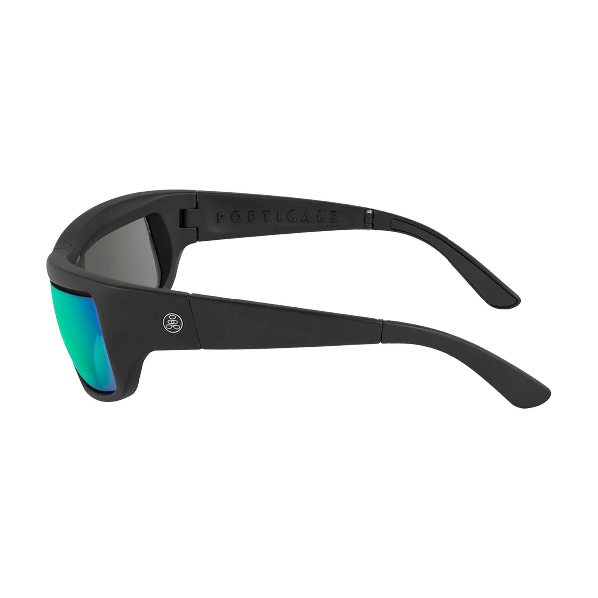 Popticals, Premium Compact Sunglasses, PopH2O, 010070-BMEN, Polarized Sunglasses, Matte Black Frame, Gray Lenses w/Green Mirror Finish, Side View