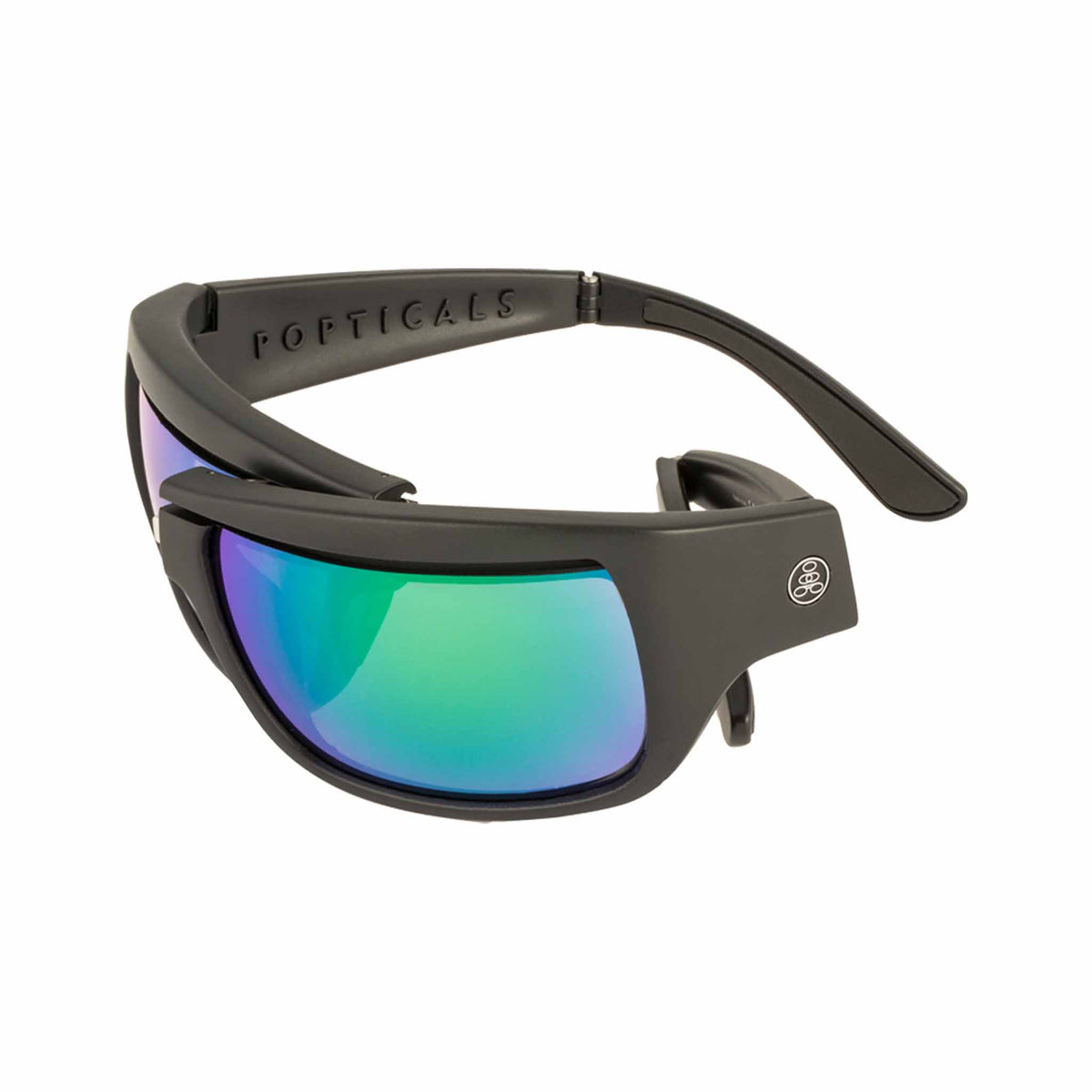 Popticals, Premium Compact Sunglasses, PopH2O, 010070-BMEN, Polarized Sunglasses, Matte Black Frame, Gray Lenses w/Green Mirror Finish, Spider View